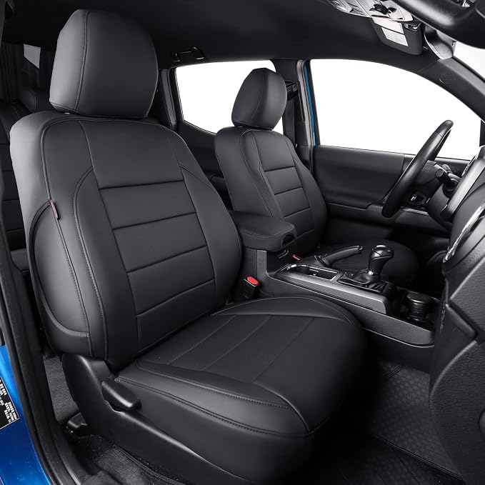 Custom Fit Front Seat Covers for Toyota Tacoma Double Cab 2016 2017 2018 2019 2020 2021 2022 2023,Full Coverage Leather Seat Protector (Front Row Only,Black) by Coverdream