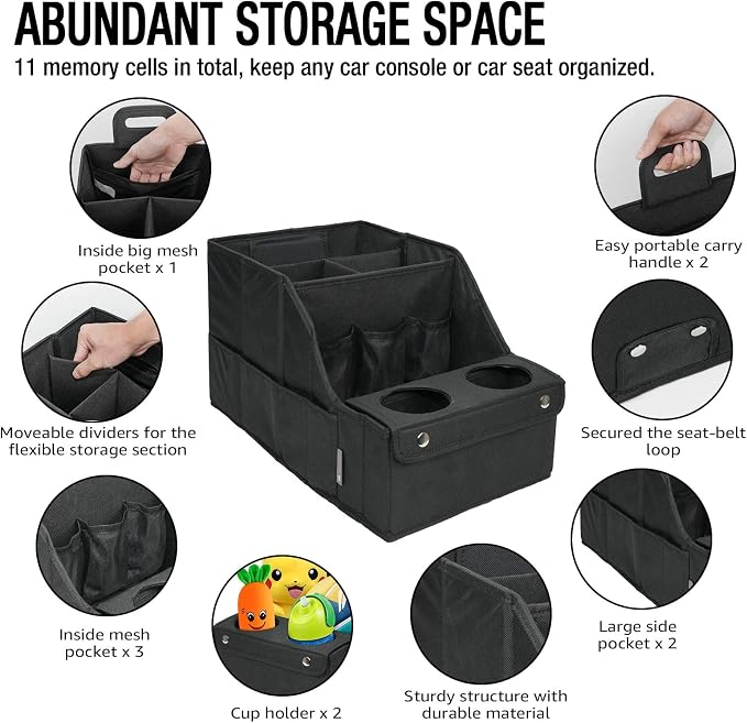 MULISOFT Car Backseat Organizer with 11 Compartments & 2 Cup Holders, Black | Made from durable Oxford fabric with a waterproof surface, anti-slip buckles, and a foldable design for easy storage. - Image 3