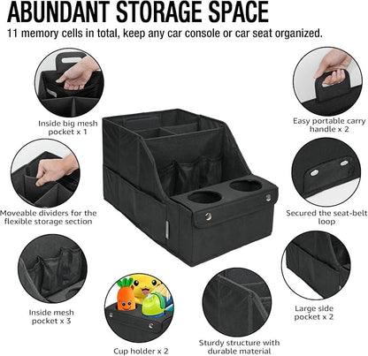 MULISOFT Car Backseat Organizer with 11 Compartments & 2 Cup Holders, Black | Made from durable Oxford fabric with a waterproof surface, anti-slip buckles, and a foldable design for easy storage. - Image 3