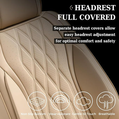 Coverado Seat Covers FullSet, 5 Seats Car Seat Protector, Waterproof Nappa Leather Cushion, Front & Rear Fit for Most Sedans SUV Pick-up Truck-Beige - Image 6