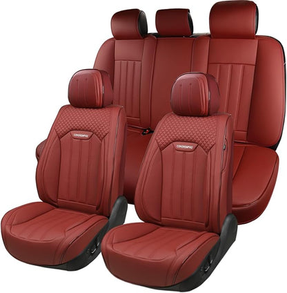 Red Car Seat Covers Full Set, Universal Leather Seat Cover for Cars 5 Seats, Waterproof and Breathable Automotive Seat Cover Front and Rear Seat Covers for Most Trucks, Sedans, SUVs - Image 2