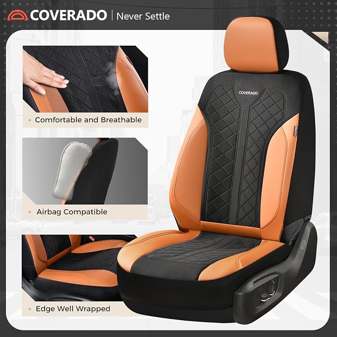 Coverado Car Seat Covers Full Set, Waterproof Seat Covers, 5-Piece Brown Automotive Seat Covers, PU Leather & Breathable Mesh Seat Protectors, Universal Fit for SUVs, Trucks, Sedans - Image 2