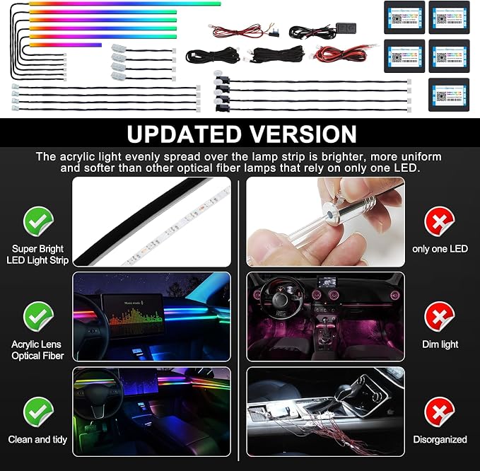 Dreamcolor Acrylic Interior Car LED Strip Light with Wireless APP, RGB 18 in 1 with 175 inches 600 LEDs Fiber Optic Car Ambient Lighting Kits, Dual Zone Sound Active Function LED Strip for Car - Image 5