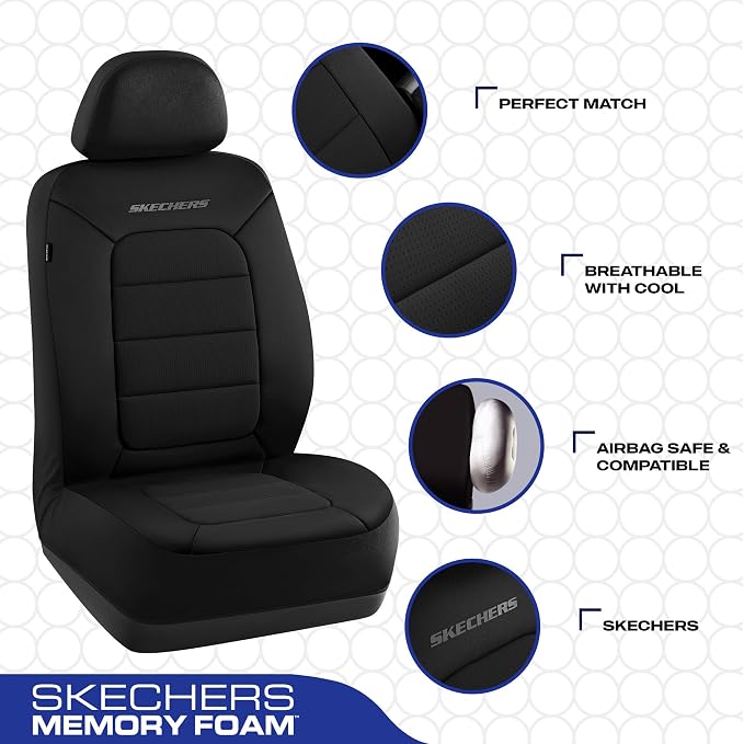Skechers Memory Foam Car Seat Covers,Thick Cool Touch Fabric Seat Covers Front Seat Covers Airbag Compatible,Automotive Comfort Protection for Most Cars,Vans,Trucks,SUV,Black - Image 3