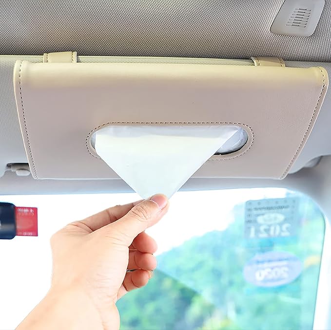 YVPSI Car Tissue Holder Sun Visor Napkin Holder with Tissue (Beige) | Refill Car Mask Holder PU Leather Tissue Box Tissue Box Holder Hanging Tissue Holder Mask Dispenser for Car by YVPSI