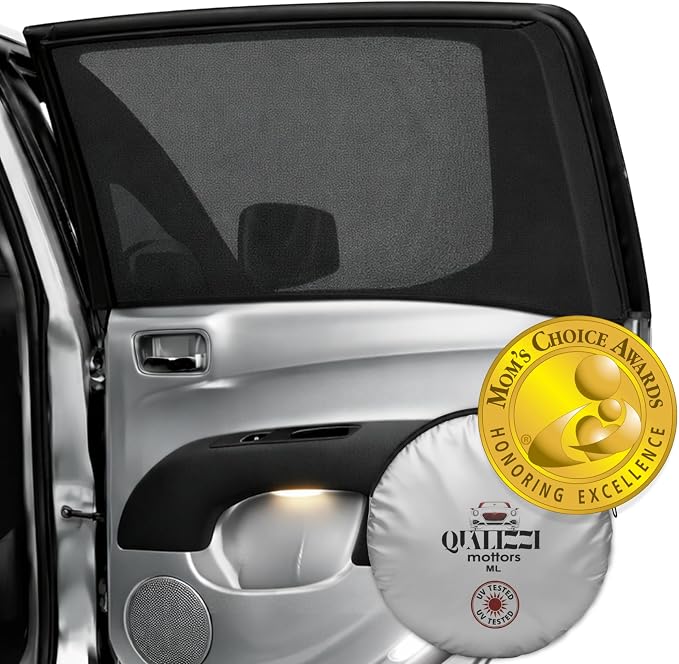 ML/Car Window Sun Shades, 2-Pack/8 Sizes, for SUVs. Stretch-to-Fit H:18" x W:42" Rear Windows. Heat-Blocking Mesh Screens to Protect Back Seat from Sun, UV & Bugs, Cooler Travel for Kids. |Qualizzi® by Qualizzi