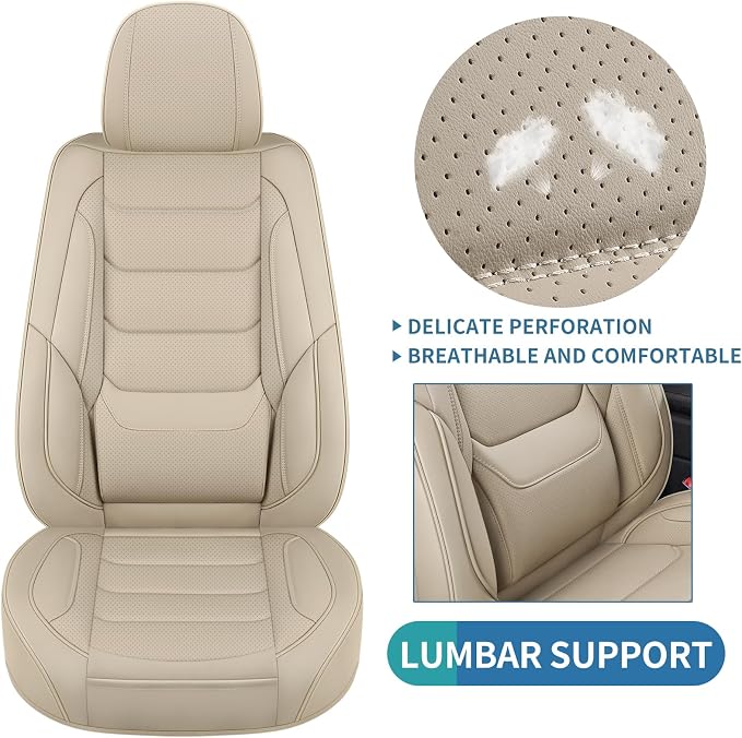 Leather Front Car Seat Covers Automotive Seat Protectors | Breathable，Waterproof，Durable，Full Surround & Lumbar Support Design，Non-Slip，Universal Fit for Most Cars SUV Trucks Van，Beige - Image 9