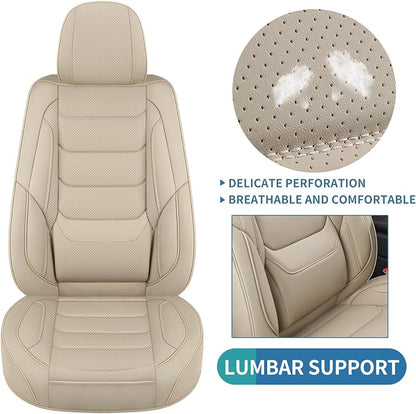 Leather Front Car Seat Covers Automotive Seat Protectors | Breathable，Waterproof，Durable，Full Surround & Lumbar Support Design，Non-Slip，Universal Fit for Most Cars SUV Trucks Van，Beige - Image 9