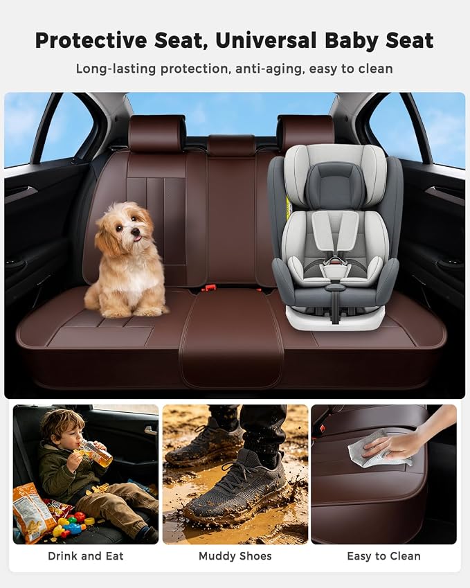 Huidasource Rear Row Seat Covers, Waterproof Faux Leather, Universal Fit for Most Cars, SUVs & Trucks, Easy to Install, Spill & Dirt Resistant, Great for Travel & Pets, Coffee - Image 3