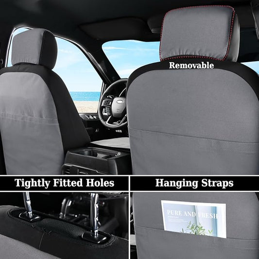 Coverado Front Seat Covers, Waterproof Canvas Seat Protector for Car Seat Cushions for Kids & Dogs, Seat Covers Compatible with 2015-2024 Ford F150 & 2017-2024 Ford F250 F350 F450(Gray, 2PCS) - Image 2