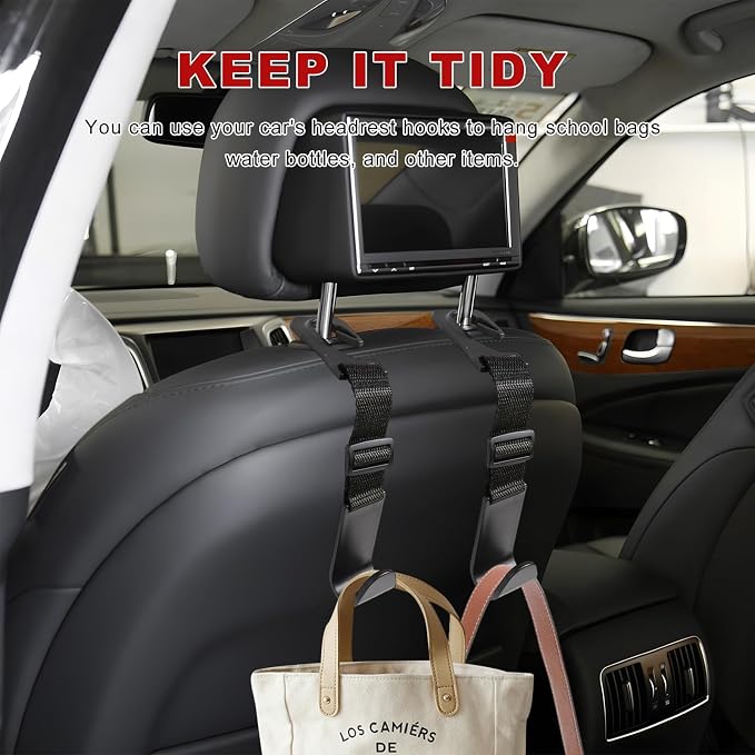 4PCS Car Seat Headrest Hook, Adjustable Vehicle Backseat Hanger Storage Organizer, Universal Seat Back Holder Hooks for Purse Coat Grocery Bag, Car Accessories (Black) - Image 4