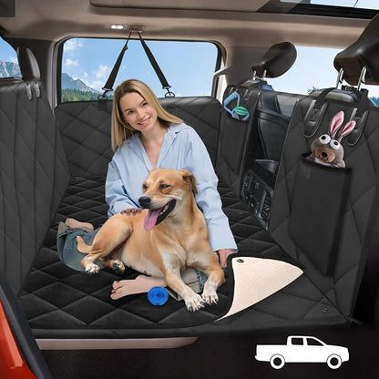 Hard Bottom Dog Truck Seat Cover for Crew Cab Trucks with Blanket | Pet Hammock for F150, RAM1500, Sierra, Tundra, Silverado, Soft Bed, Extender Space, Sturdy, Hold 420lb, Waterproof, Easy Care by ROUWINNE