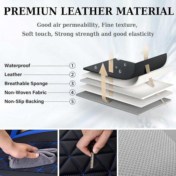 Coverado Car Seat Covers Full Set, Leather RAM 1500 Seat Covers Protectors Compatible with 2002-2026 Dodge RAM 1500 2500 3500 Crew Double Mega Quad Cab with Flat Bench, Blue - Image 6