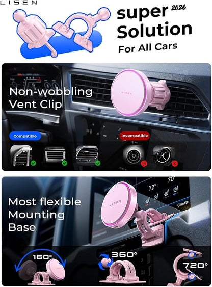 LISEN 15W MagSafe Car Mount Charger,[Light Pink] Magnetic Wireless Car Charger, Dashboard & Air Vent Car Phone Mounts, Car Phone Holder for iPhone 17-12, Samsung, Pixel, Cute Car Accessories for Women | [Light Pink & Purple LED light] Magsafe Car Mount... - Image 9