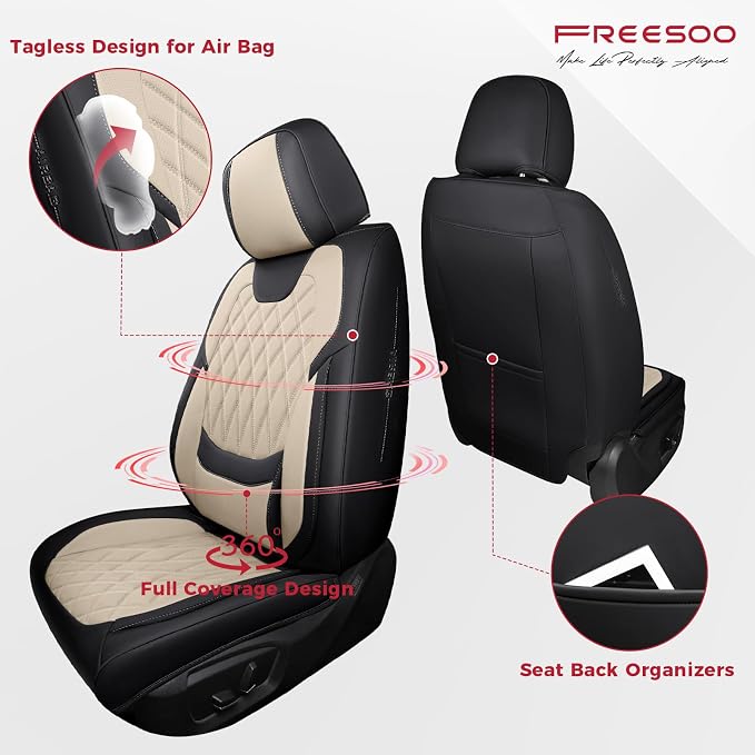 FREESOO Car Seat Covers Full Set Faux Leather Universal Fit Black Beige | faux nappa leather seat covers, waterproof breathable, full set lumbar support, front rear covers, fit sedans suvs pickups - Image 2