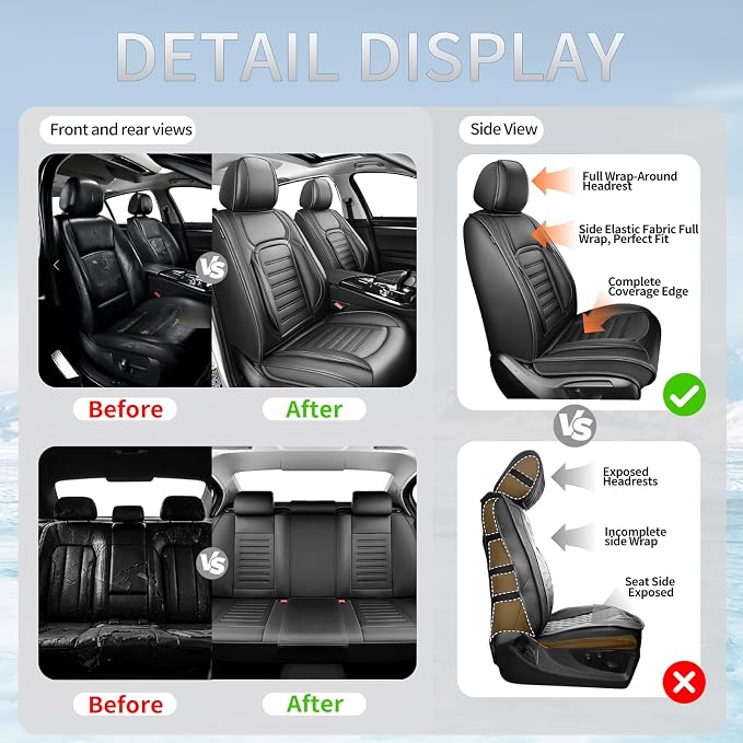 Fit Highlander Car Seat Covers for Toyota Highlander 2007-2025 2026 -Premium Leather, Waterproof，Breathable，All-Weather Seat Cushion Protecto & Airbag Compatible, 2 Front Seat Black - Image 5