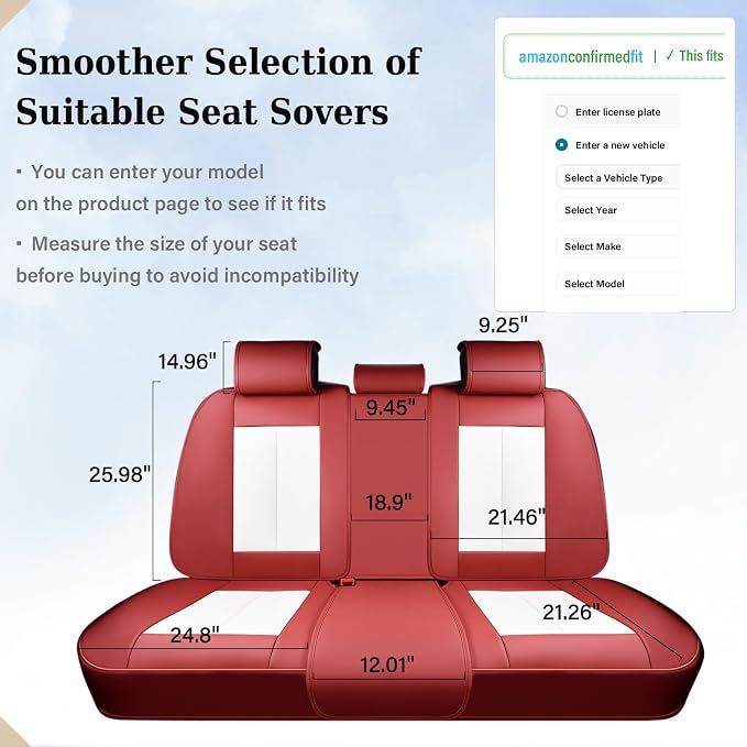 Coverado Leather Rear Seat Covers for Cars, Faux Leather Car Seat Covers Backseat, Waterproof Back Seat Cover for Dogs, Universal Automotive Seat Covers Backseat Seat Cushion Protector, Red&White - Image 4