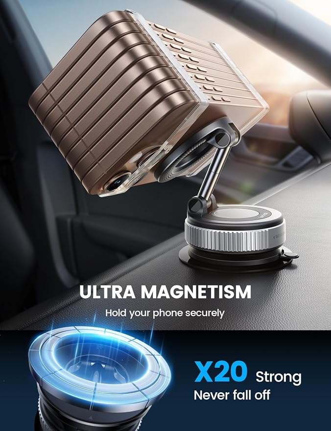Lamicall for MagSafe Car Mount 70LBS Vacuum Suction Dashboard & Windshield | 20X Magnet Car Phone Holder 360° Foldable Magnetic Phone Holder for Your Car fit iPhone 17 16 15 14 Pro Max Gift Truck Silver - Image 4