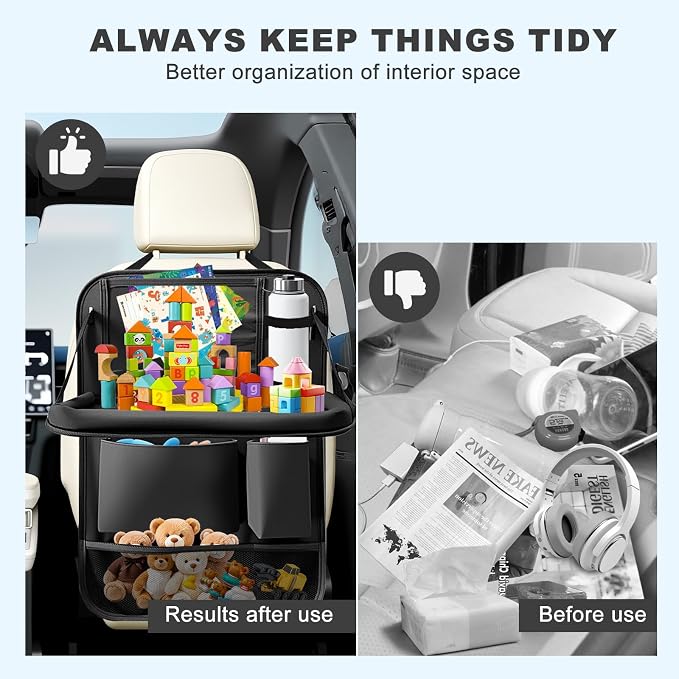 2Pack Car Backseat Organizer with Foldable Table Tray,6 Storage Pockets Car Storage Organizer with Tablet Holder,Car Seat Back Protectors Kick Mats Travel Accessories (Black) - Image 5