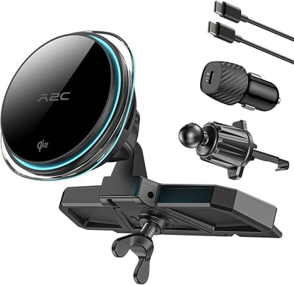 A2C Qi2 15W Wireless Car Charger CD Mount for MagSafe CD Slot | Air Vent | Magnetic Wireless Charger Phone Holder with TEC Thermoelectric Cooler, Fast Charging for iPhone 17 16 15 14 13 12 Series by A2CSupportAlways