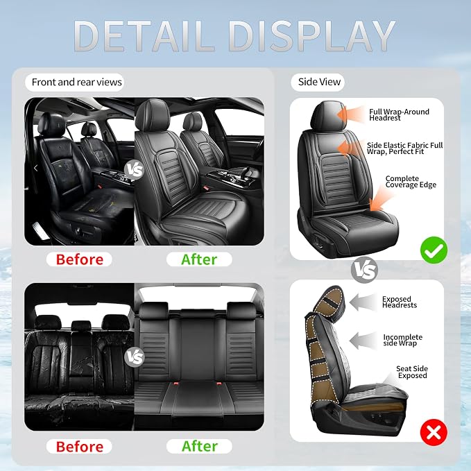 Fit Tundra Car Seat Covers for Toyota Tundra 2007-2025 2026 -Premium Leather, Waterproof，Breathable，All-Weather Seat Cushion Protecto & Airbag Compatible, 2 Front Seat Black - Image 6