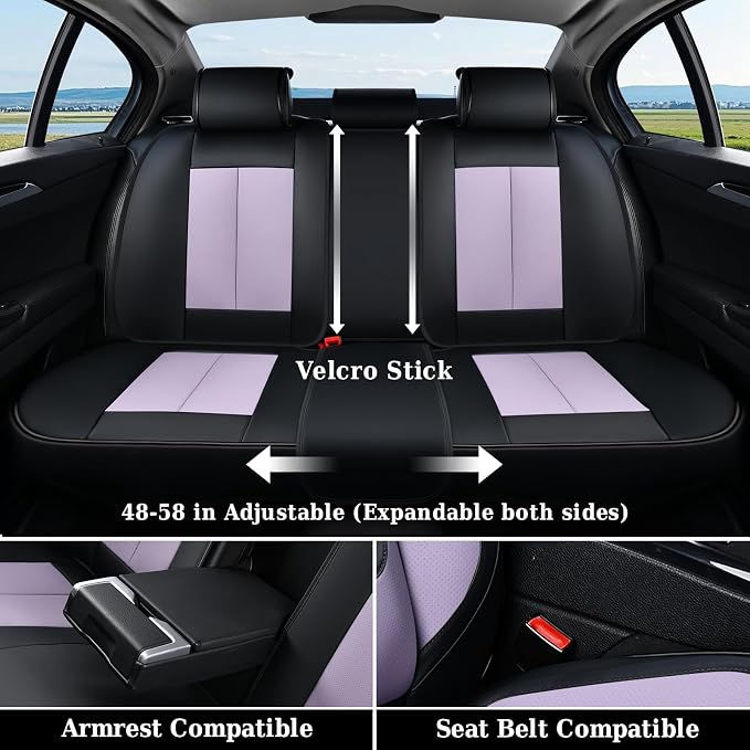 Coverado Rear Seat Covers for Cars, Waterproof Car Seat Covers Back Seat Cover, Faux Leather Seat Covers Automotive Seat Covers Seat Cushion Protector Universal Fit for Most Cars, Black&Purple - Image 6