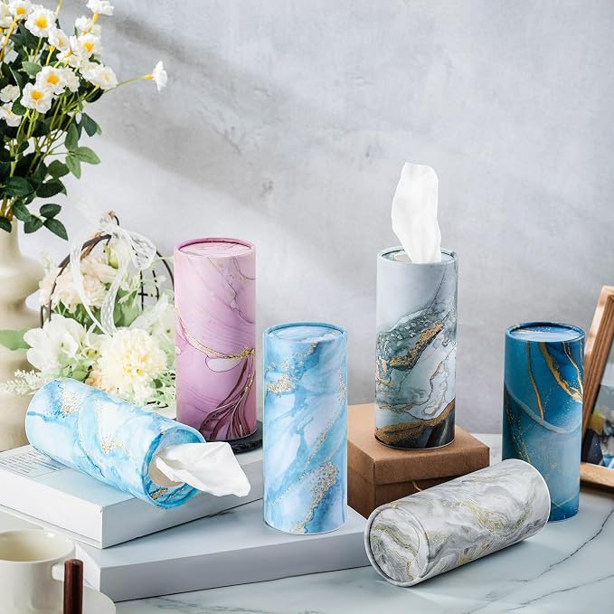 Outus 12 Pcs Marble Car Tissues Cylinder Holder with 3 Ply Facial Tissue Bulk Round Tissue Holder Travel Tissues Boxes Container for Car Cup Wedding Birthday Party - Image 4