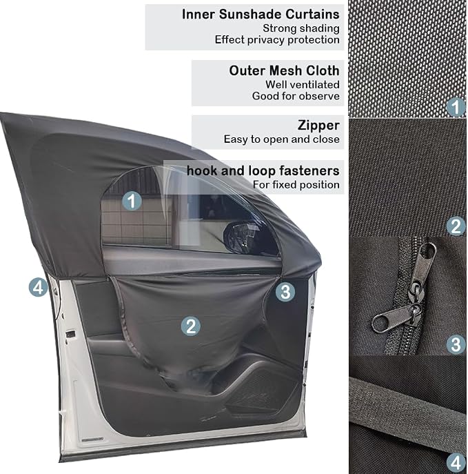 4PCS Car Window Shades with Zipper,Breathable Car Window Cover Baby Window Shades for Car,Camping Essentials Side Window Sun Shade for Privacy Protection Fits Most Cars - Image 6