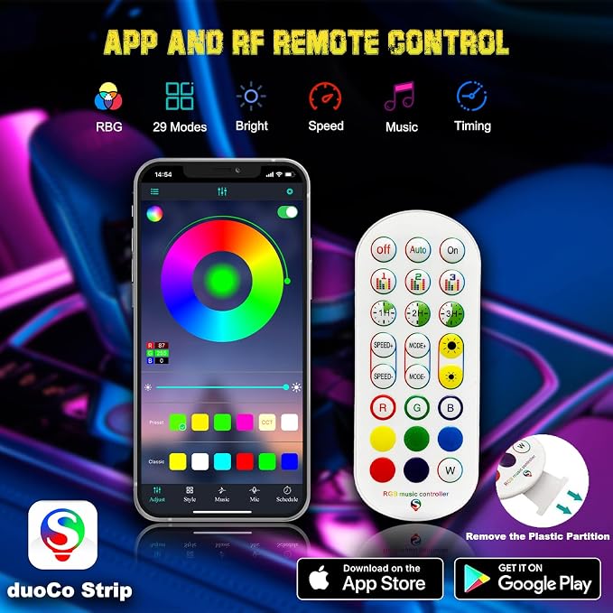 Jushope Interior Car LED Strip Lights, RGB USB Car Ambient Lighting with Wireless APP & Remote Control, Car Accessories Fiber Optifc Lights Sync to Music (2 LED/157 inches) - Image 3