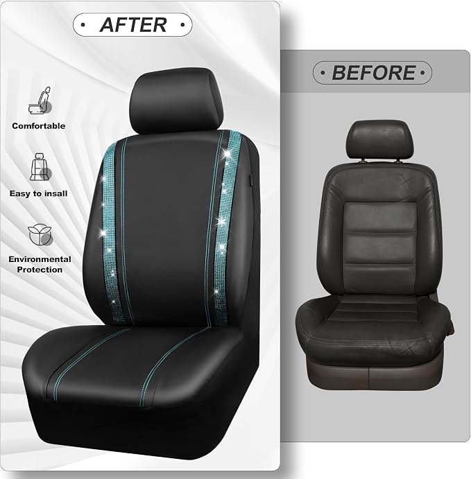 CAR PASS Bling Car Seat Covers Full Set, Shining Rhinestone Diamond Waterproof Faux Leather Universal Fit 95% Automotive Glitter Crystal Sparkle Strips for Cute Women Girl, Full Set (Mint Diamond) - Image 5