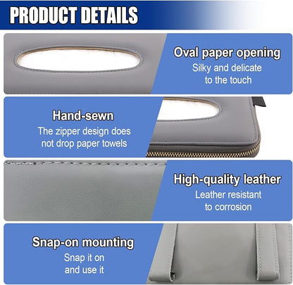 Car Tissue Holder, Leather Car Sun Visor Napkin Box with Tissue Refill, Auto Backseat Paper Carton Mask Dispenser with Zipper, Universal Hanging Vehicle Towel Clip for RV, SUV, Truck (Grey) - Image 3