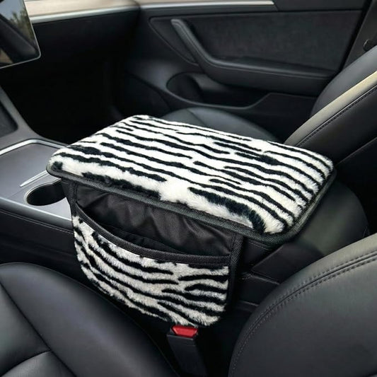 Plush Animal Print Car Center Console Cover with Side Pockets, Fluffy Armrest Cushion Pad.,Soft Car Interior Accessories with Storage for Women. Universal Fit for Vehicles SUV Truck (Zebra Print) - Image 2