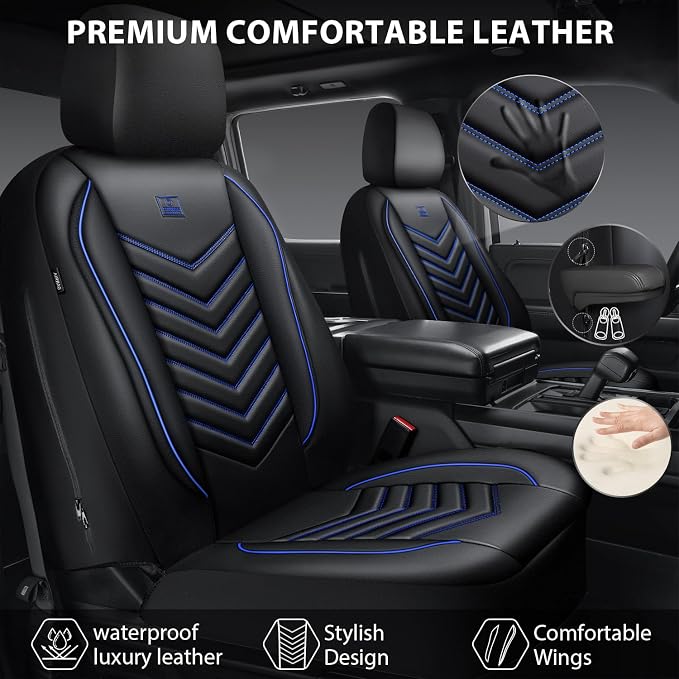 CAR PASS 3D Foam Faux Leather Seat Covers Full Set, Waterproof Leather Seat Cover for Cars, Luxury Universal Fit for SUV Truck Sedan Automotive, Armrest Airbag Compatible Anti-Slip, Black and Blue - Image 2