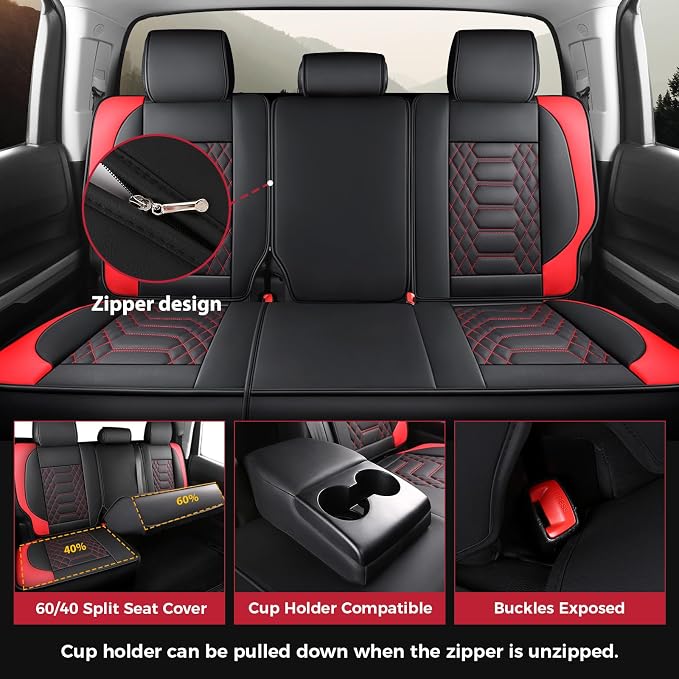 FREESOO Custom Leather for Toyota Tundra Seat Covers 2014-2021 Crewmax Cab | Custom Fit, Full Set, 60/40 Split Bench, Waterproof Faux Leather, for Truck Toyota Tundra Accessories, BlackRed - Image 4