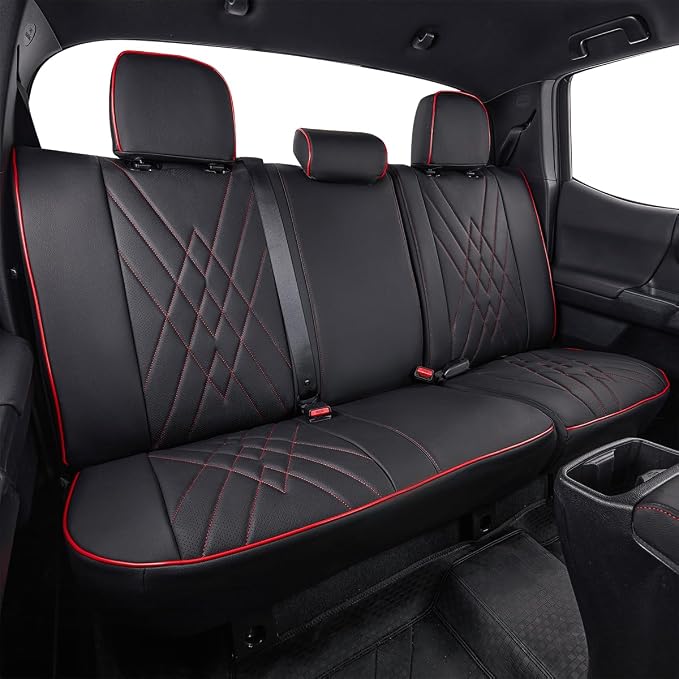 EKR Custom Fit Tacoma Leather Car Seat Covers for Toyota Tacoma 2012 2013 2014 2015 (TRD Sport Seats)- Full Set,Faux Leather(Black with Red Trim) - Image 5