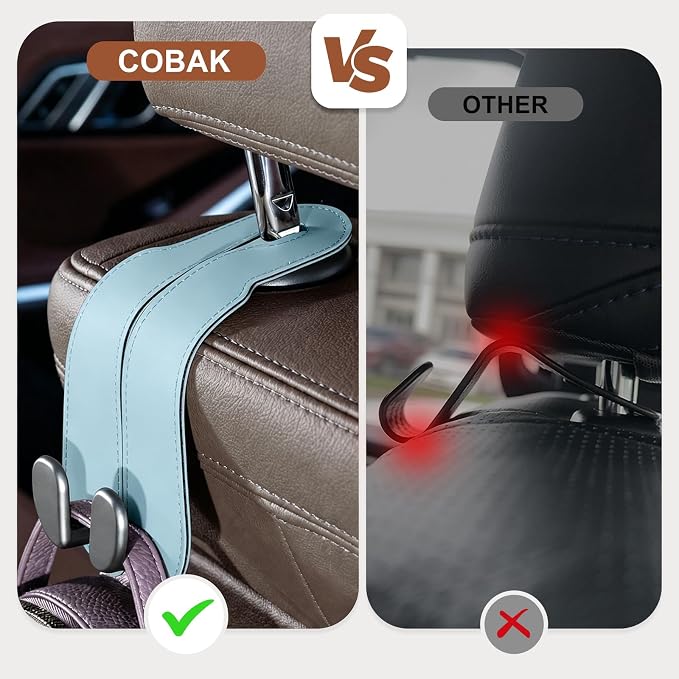 CoBak Purse Hook for Car - Universal Premium Stitched Leather and Aluminum-Magnesium Alloy Double Car Seat Back Storage Hook for Purses, Handbags, Bags (2 Pack),Baby Blue - Image 3