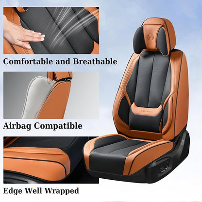 Coverado Universal Seat Covers Full Set, 5 Seats Universal Seat Covers for Cars, Waterproof Nappa Leather Car Seat Covers with Head Pillow, Auto Protectors Fit for Most SUV Pick-up Truck-Black&Brown - Image 4