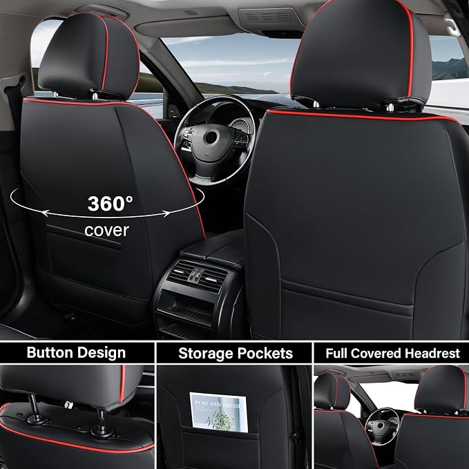 Coverado Seat Covers, Car Seat Covers Front Seats, Waterproof Nappa Leather Auto Seat Cover with Lumbar Head Pillow, Black Redline Seat Covers Carseat Cover Universal Fit for Most Cars - Image 3