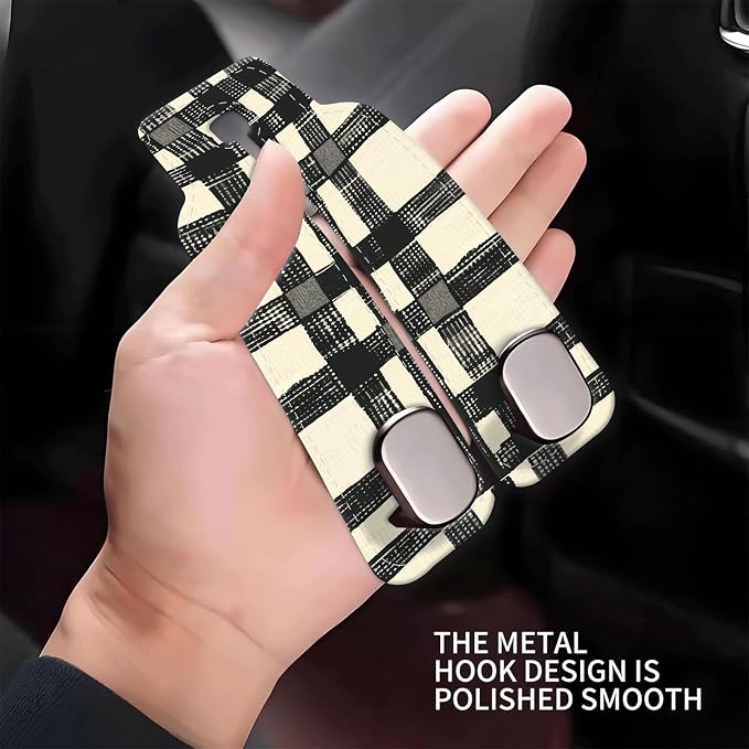 Car Seat Headrest Hook, Universal Leather Cute Hanger Holder Hook, Storage Organizer Interior Accessories for Purse Bags Handbag Black White Plaid - Image 4