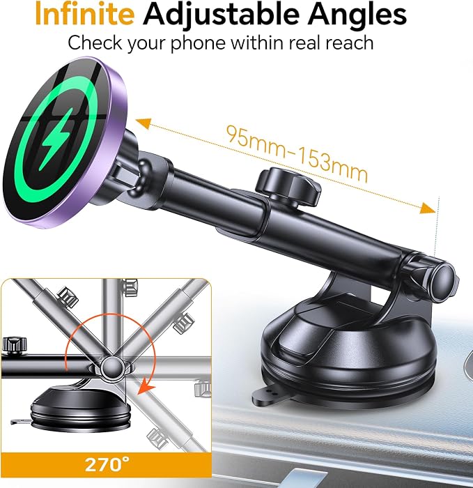 Coolpow for MagSafe Car Mount Charger【Ultra Magnet】 Magnetic Phone Holders for Your Car Charger【Windshield+Vent+Dash】 Magnetic Wireless Car Phone Holder Charger Car Mount for iPhone 17 (Purple) - Image 6