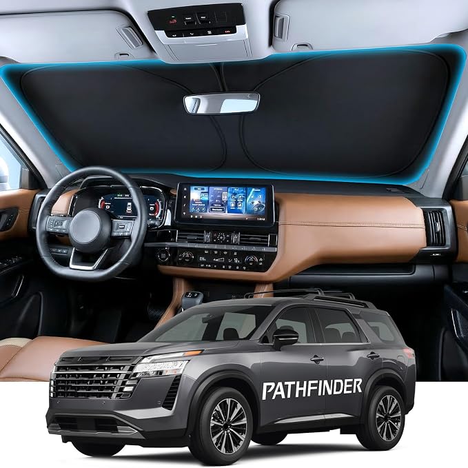 Wigoo for Nissan Pathfinder Windshield Sunshade, Custom Fit, Keeps Cool | Custom Fit, Cooling Tech Fabric, Foldable Heat-Blocking Sunshade with Storage Bag, for Nissan Pathfinder 2022-2026 by wigoo