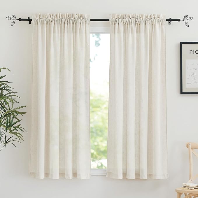 RYB HOME Linen Sheer Curtains 2 Panels for Living Room, Semi Transparent Privacy Drapes with Rod Pocket Farmhouse Style Window Treatments for Bedroom, Linen, 38" W x 63" L by RYBHOME