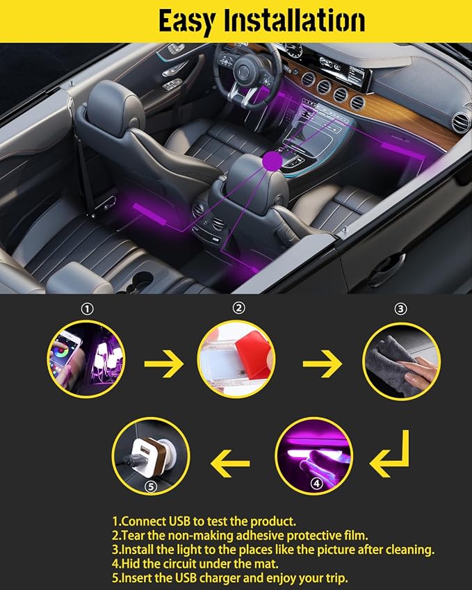YONGMING Car LED Interior Lights, RGB USB Mood Lighting with Music Sync | APP-controlled RGB LED strip lights with music-activated modes for car footwell, console and interior ambient lighting. - Image 6