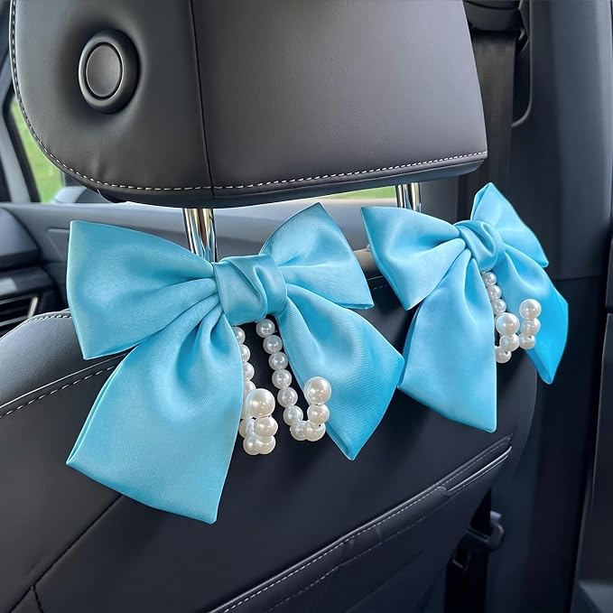 2 PCS Bow Pearl Car Seat Headrest Hook – Cute Purse Hook for Car, Girly Interior Decoration Accessories Hook Hanger, Seatback Holder for Purses & Bags, Elegant Car Organizer (Sky Blue) by Unknown