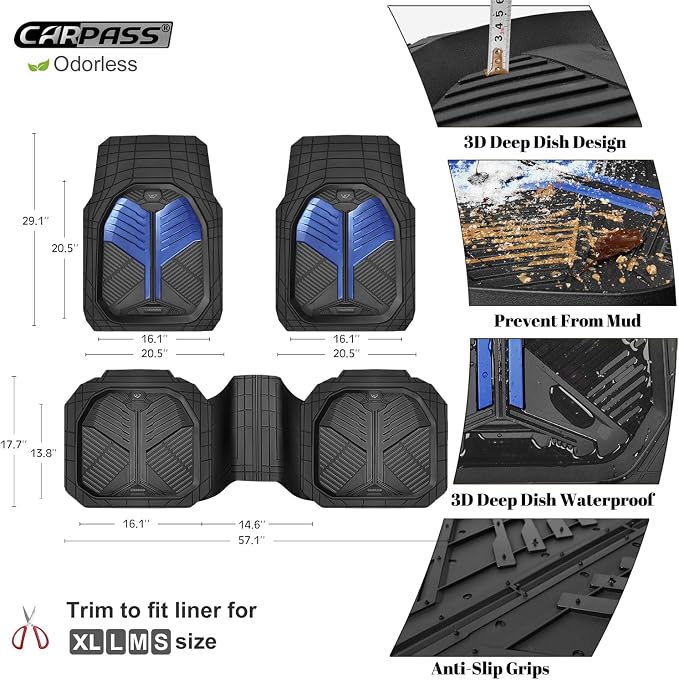 CAR PASS Heavy Duty Rubber Car Mats, Deep-Dish Car Floor Mats All Weather, Universal Two-Tone Trim-to-Fit for SUVs Trucks Sedans, Waterproof Anti-Slip, 3 Pieces V12 Black and Metallic Blue - Image 4