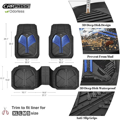 CAR PASS Heavy Duty Rubber Car Mats, Deep-Dish Car Floor Mats All Weather, Universal Two-Tone Trim-to-Fit for SUVs Trucks Sedans, Waterproof Anti-Slip, 3 Pieces V12 Black and Metallic Blue - Image 4
