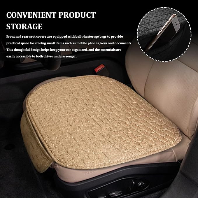 Linen Car Back Seat Cover, Car Seat Bottom Covers Protectors, Anti-Slip Automotive Long Rear Seat Protectors with Storage Pocket, Seats Back Protector for Most Vehicles (Single-Seat/Beige) - Image 4