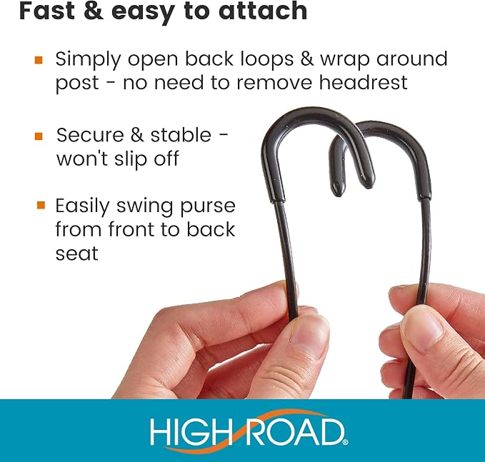 High Road Metal Car Hooks for Large Purse Straps and Heavy Bags | Set of 4 Car Headrest Hooks Fit All Sized Metal Posts - Secure Cushioned Attachment Won't Slip Off or Rattle - Image 5