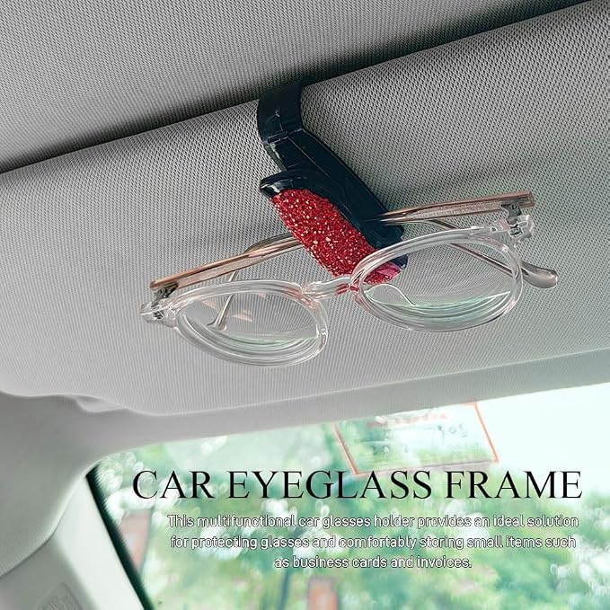 2PCS Bling Rhinestone Car Sun Visor Glasses Holders with Anti-Scratch Sponge, Sunglass Holder for Car, Ticket Card Clip Sunglasses Mount, Auto Eyeglass Hanger Clip for Women Girls (Red) - Image 3