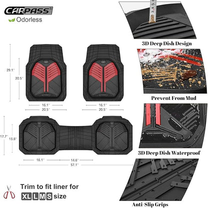 CAR PASS Heavy Duty Rubber Car Mats, Deep-Dish Car Floor Mats All Weather, Universal Two-Tone Trim-to-Fit for SUVs Trucks Sedans, Waterproof Anti-Slip, 3 Pieces V12 Black and Metallic Red - Image 6